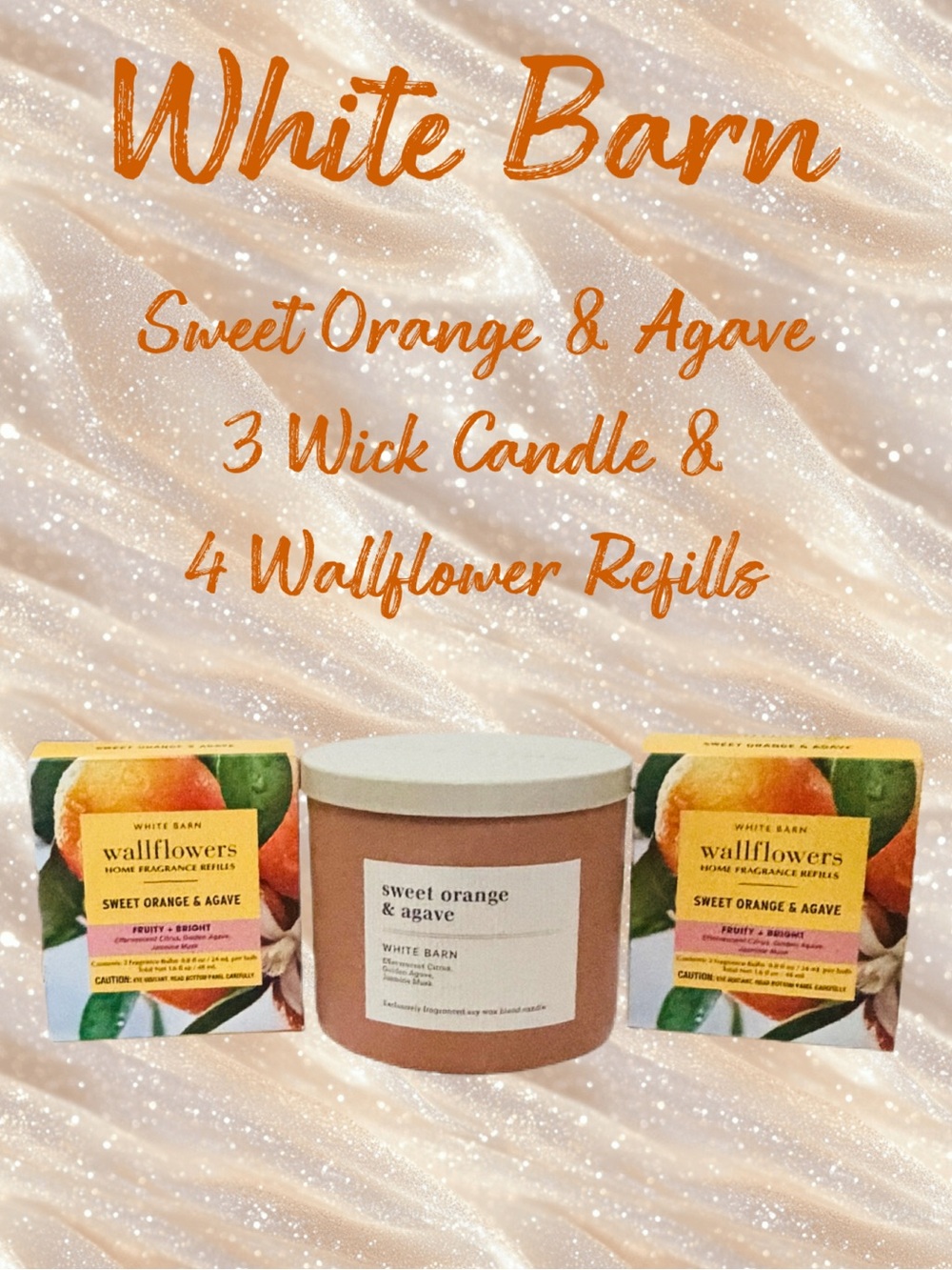 White Barn Set! Sweet Orange & Agave 3 Wick Candle & 4 Wallflowers- NEW